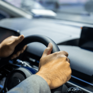 rideshare driver with hands on steering wheel
