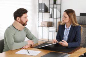 An injured man with a neck brace consults with an attorney to find out how long he has to file a personal injury claim in NY