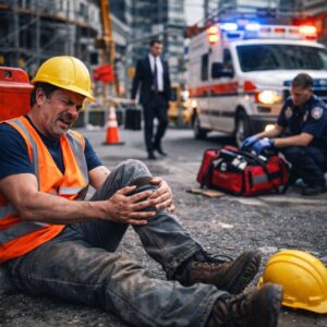 Construction worrker holding his injured knee.