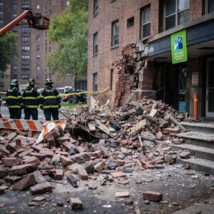 Tenant walking cautiously in a New York City public housing hallway with wet floors and damaged handrails, illustrating hazards that can lead to slip-and-fall injuries in NYCHA buildings.