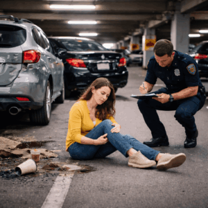 Pedestrian walking cautiously in a dimly lit New York parking garage, illustrating hazards that can lead to slip, trip, or fall injuries.