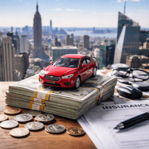 A car parked on a busy New York street. Learn why car insurance rates in New York are among the highest in the nation.