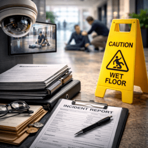 A surveillance camera overlooking a building lobby. Learn how video and maintenance records can determine the outcome of a slip and fall claim in NYC.