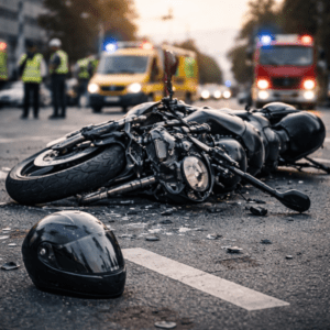 A damaged motorcycle on the road. Learn how serious Long Island motorcycle accidents can lead to major injury settlements.