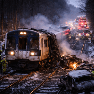 A Metro-North train at a crossing. Learn how preventable hazards on New York transportation systems can lead to catastrophic accidents and legal claims.