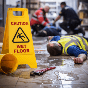 A worker slipping on a wet floor. Learn what legal options are available after a workplace slip and fall in New York.