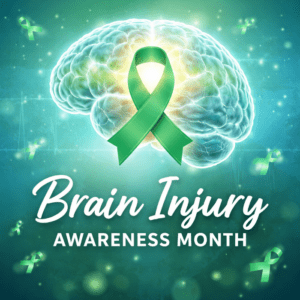 Illustration of a human brain with a green awareness ribbon symbolizing brain injury awareness