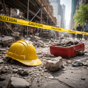 A construction hard hat on the ground. Learn what to do after being injured by falling debris in NYC.