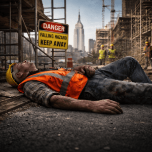 Injured construction worker lying on a New York City job site near scaffolding and falling hazard area