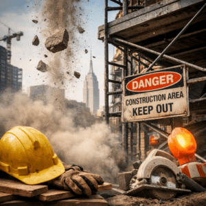 Construction site in New York City with falling debris, dust, and scaffolding, representing unsafe conditions that can cause injury