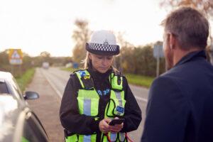 A police officer speaks with a witness and reviews information after a hit and run accident investigation in New York.