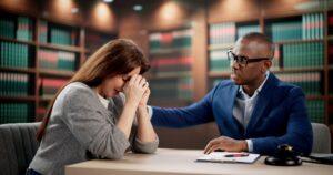 Crying woman meets with her attorney. A lawyer can tell you how much a fatal car accident case may be worth in New York.
