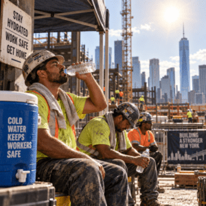 Construction workers taking a hydration break under shade during late summer extreme heat in NYC