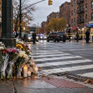 Empty Bronx crosswalk at a busy intersection with a memorial of flowers and candles