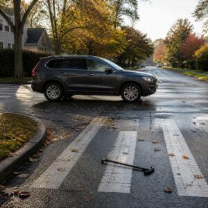 Suburban crosswalk in early morning light with a turning SUV and a dropped walking cane