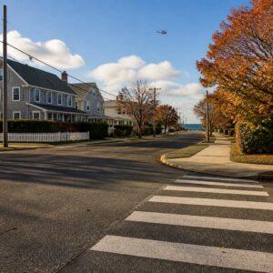 Pedestrian crosswalk at a Hampton Bays intersection on an autumn afternoon