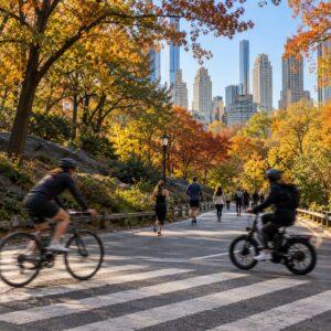 Pedestrian crossing on a Central Park drive with e-bikes and cyclists passing in autumn