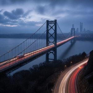 George Washington Bridge at dawn with highway traffic and a tractor-trailer