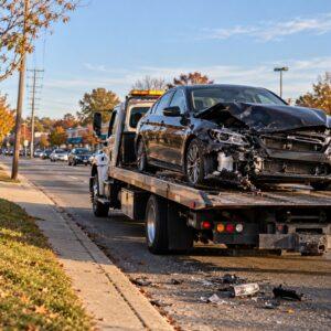 Flatbed tow truck carrying a sedan with a crushed front end on a suburban road