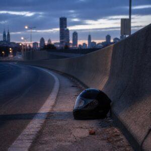Motorcycle helmet beside a concrete barrier on a Queens highway ramp at dawn