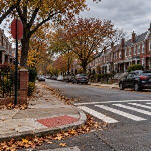 Quiet Queens residential street corner with a stop sign and crosswalk on an overcast day