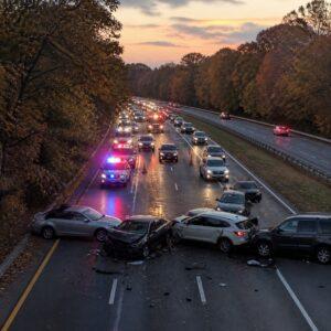 Emergency vehicles at a multi-vehicle crash on a tree-lined Long Island parkway at dusk