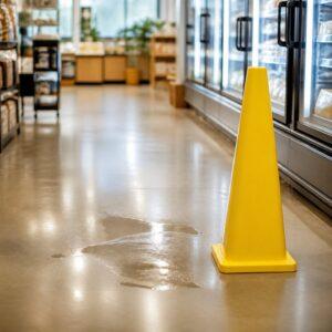 Liquid spill on a grocery store floor next to a yellow caution cone