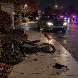 Electric motorcycle on its side on a suburban sidewalk near a parking lot exit at night