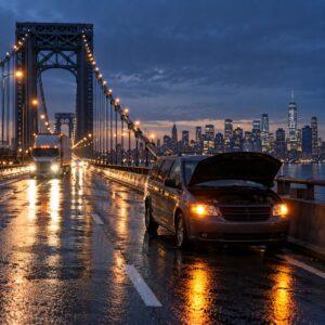 Tractor-trailer and a disabled minivan with hazard lights on a city bridge before dawn