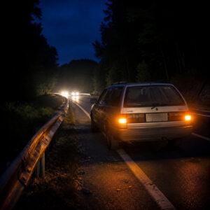 Disabled car with hazard lights in the right lane of a dark wooded parkway