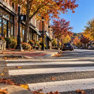 Sunny village downtown crosswalk with a pedestrian signal and autumn trees